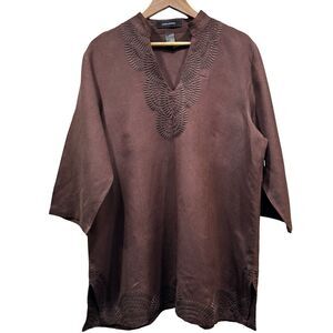 ASHLEY STEWART Womens 16W Linen Blend Embroidered V Neck 3/4 Sleeves Tunic Top